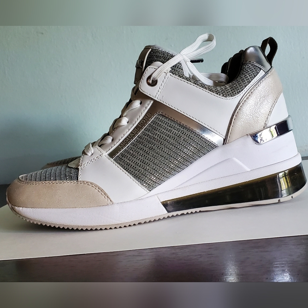 Michael Kors Platform Wedge Sneakers, White Leather, Size 7